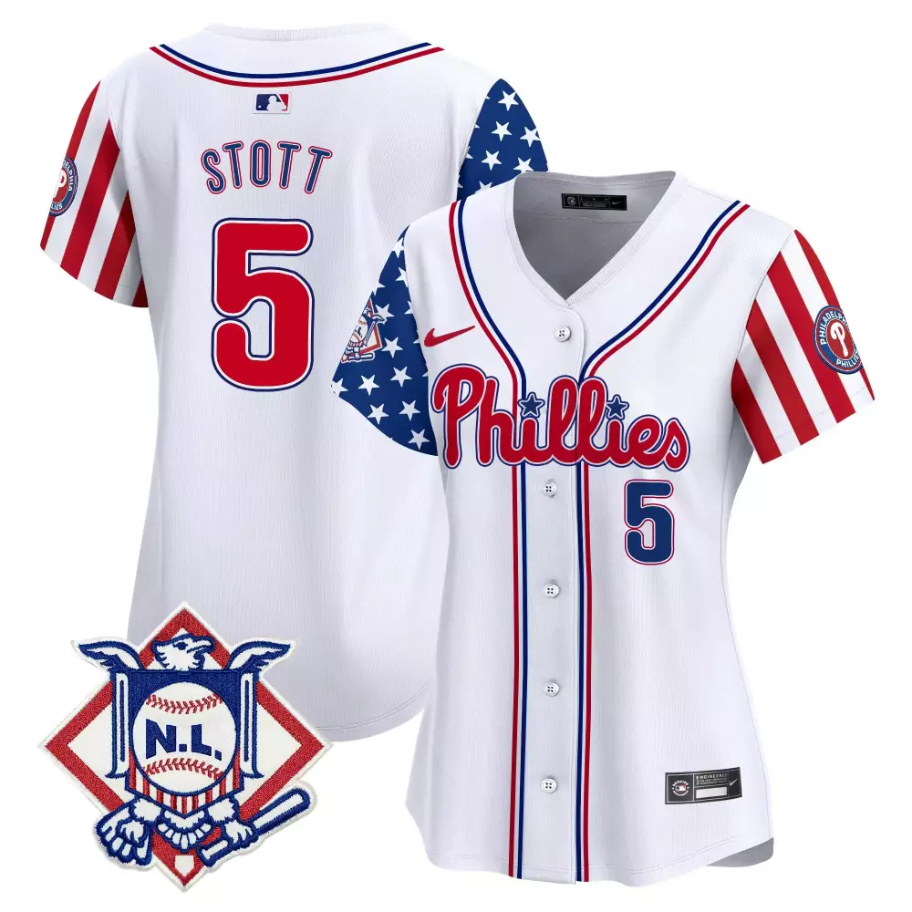 Stott 5 Philadelphia Phillies 2023 Women's Stitched Vapor Jersey | White Red Blue NL Patch | Replica Fan Gear | For Men, Women & Youth
