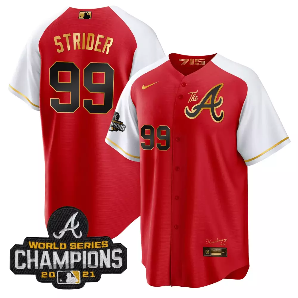Strider 99 Atlanta Braves 2021 Red Vapor Jersey | Stitched World Series Champions | Replica Fan Gear | For Men, Women & Youth