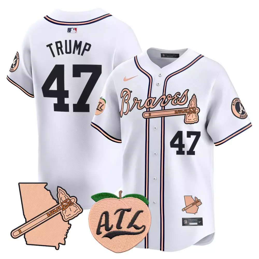 Trump 47 Atlanta Braves 2023 Stitched Vapor Jersey | White Peach Patch | Replica Fan Gear for Men, Women & Youth