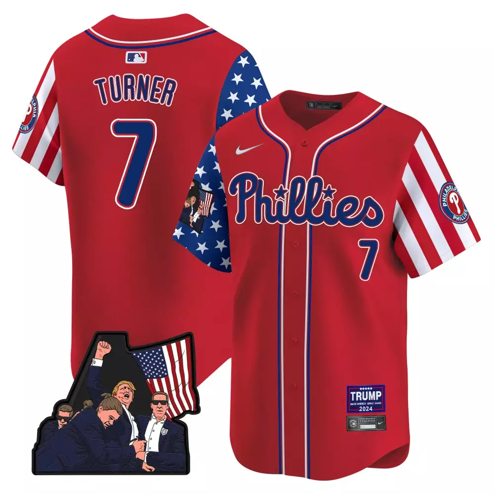 Turner 7 Philadelphia Phillies 2024 Vapor Jersey | Red Trump Patch | All Stitched Fan Gear for Men, Women & Youth