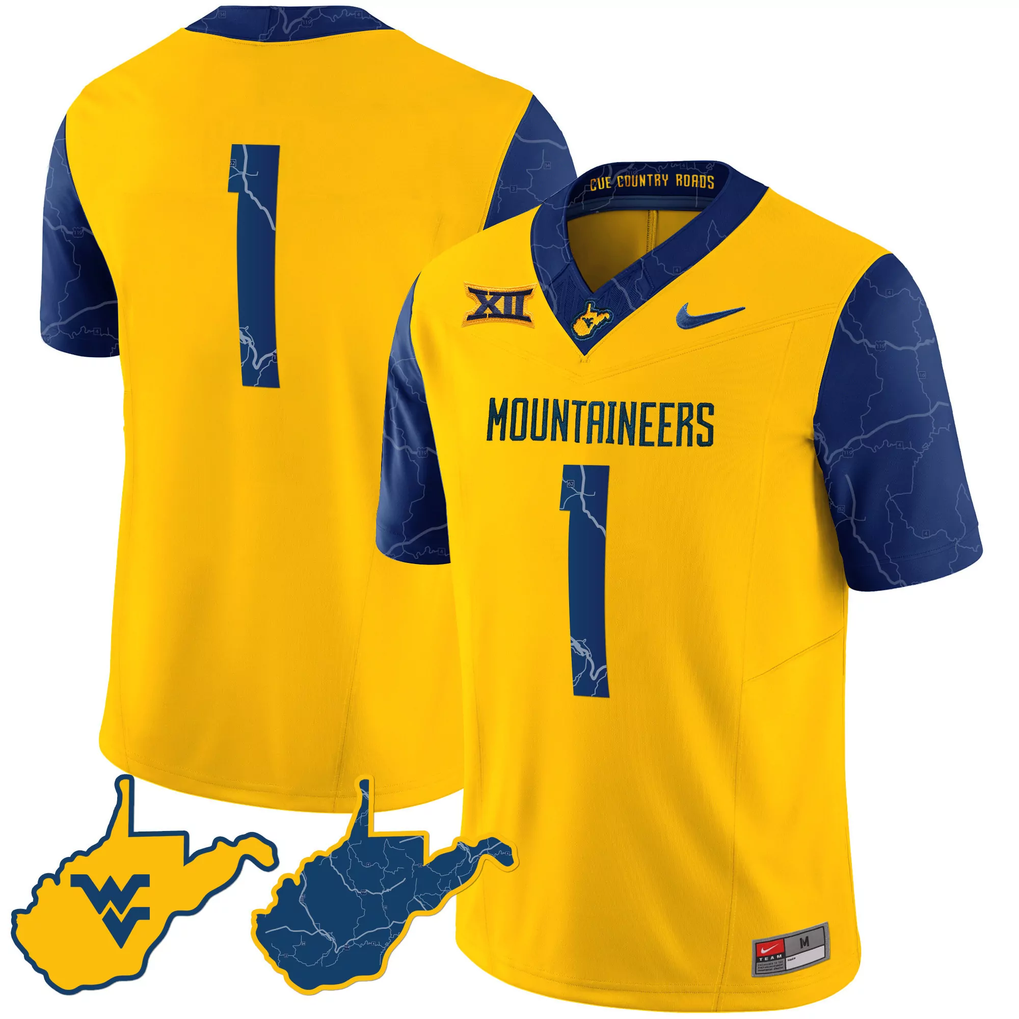 west virginia mountaineers 1 all stitched vapor jersey 2023 men s yellow blue lightning design