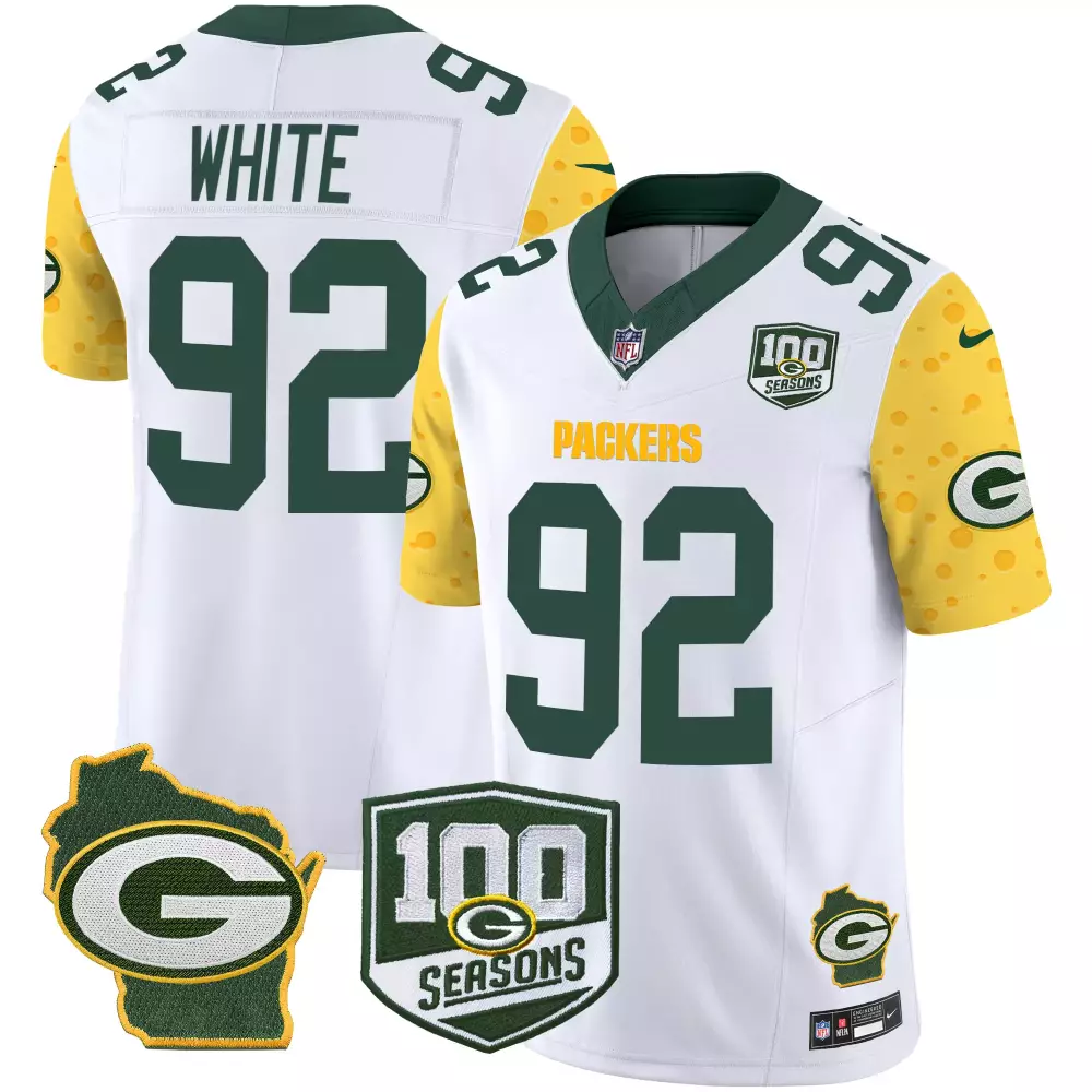 White 92 Green Bay Packers 100 Seasons All Stitched Vapor Jersey 2023 | Men's White Yellow Fan Gear | For Men, Women & Youth