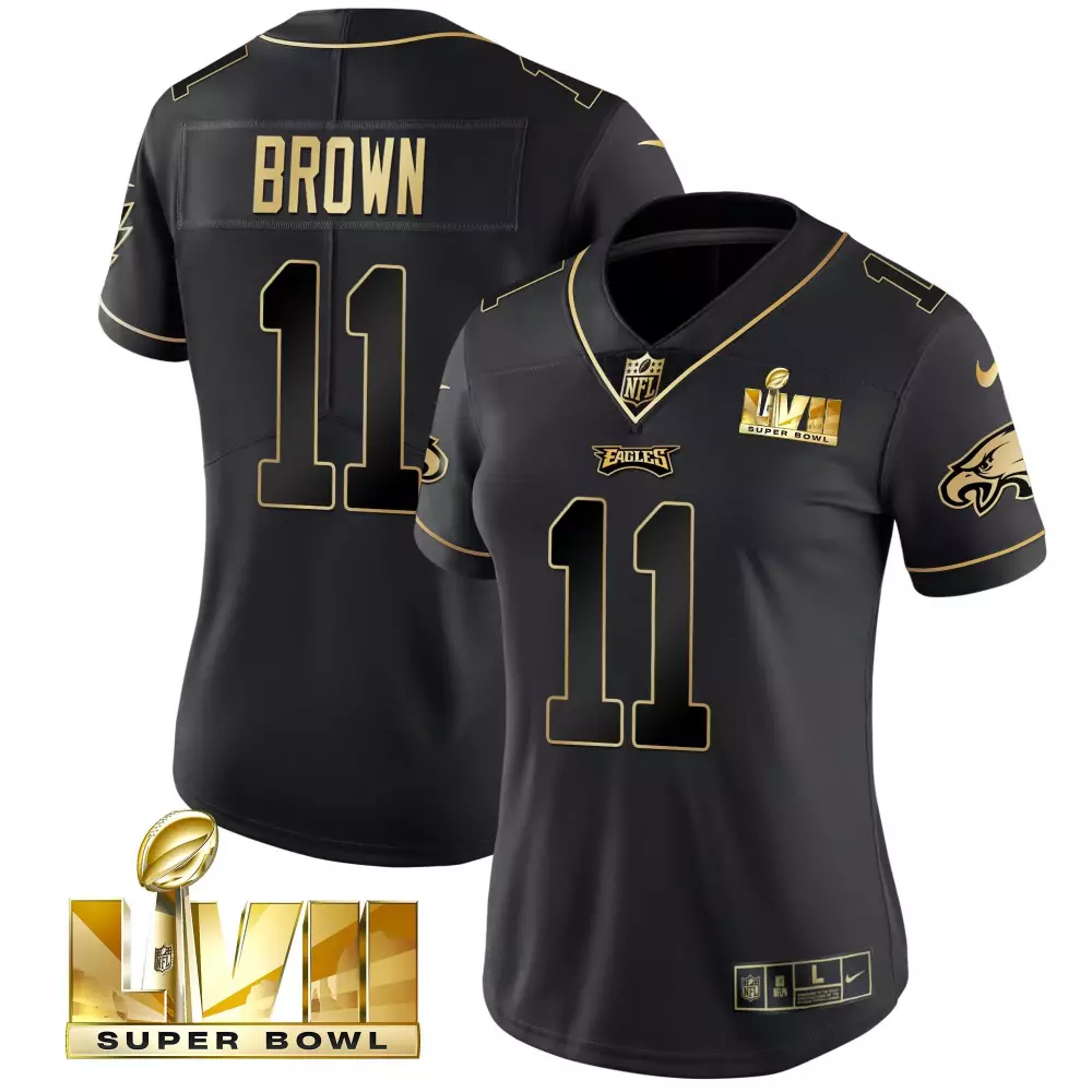 a j brown 11 philadelphia eagles women s black super bowl lvii gold stitched jersey name patch