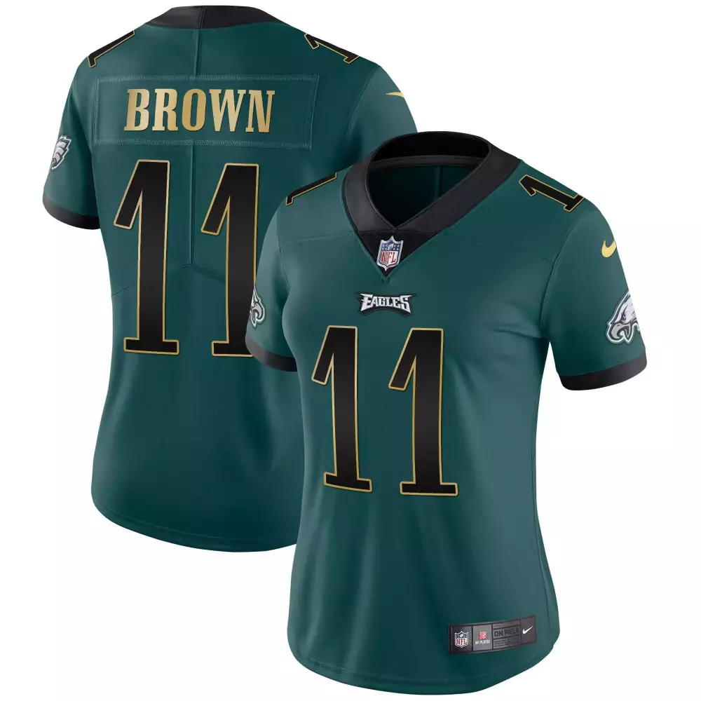 a j brown 11 philadelphia eagles women s black super bowl lvii gold stitched jersey name patch