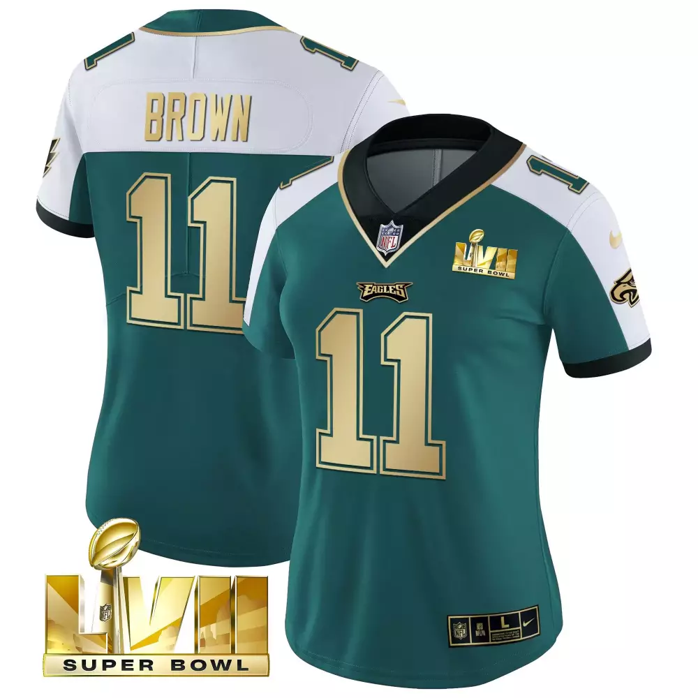 a j brown 11 philadelphia eagles women s black super bowl lvii gold stitched jersey name patch