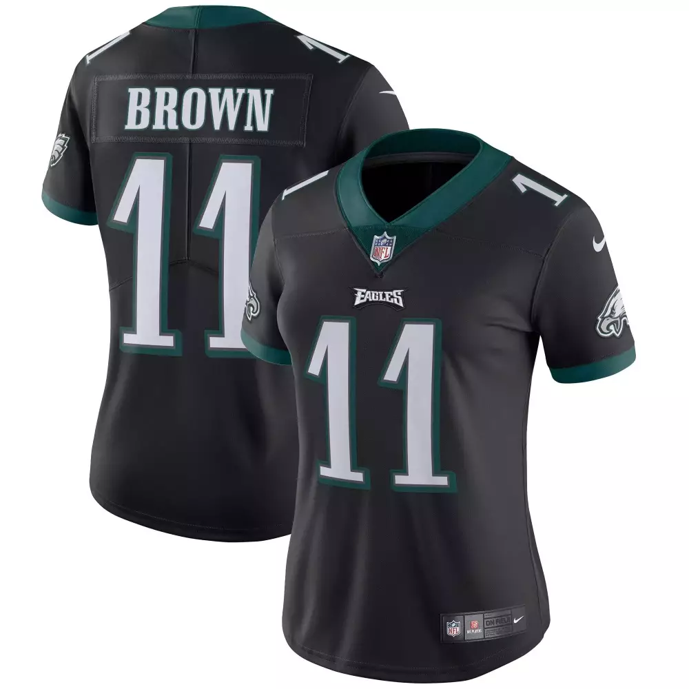 a j brown 11 philadelphia eagles women s black super bowl lvii gold stitched jersey name patch