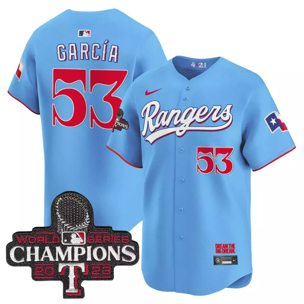 Adolis Garcia 53 Texas Rangers 2023 World Series Champions Vapor Premier Jersey | All Stitched Blue | Limited Edition Fan Gear | For Men, Women & Youth