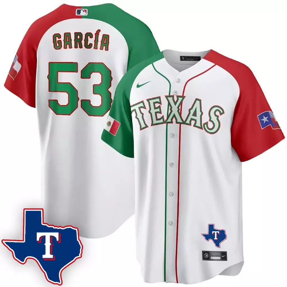 Adolis Garcia 53 Texas Rangers Men's Cool Base Jersey | All Stitched Name Patch 2023 | White, Green & Red | For Men, Women & Youth