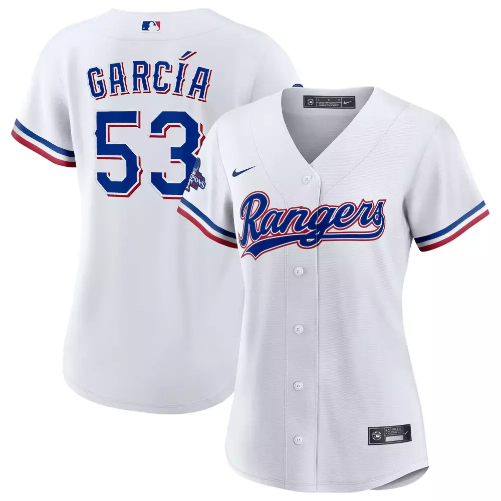 Adolis Garcia 53 Texas Rangers Women's White All Stitched Jersey | Name Patch World Series Champions 2023 | Fan Gear for Game Day | For Women