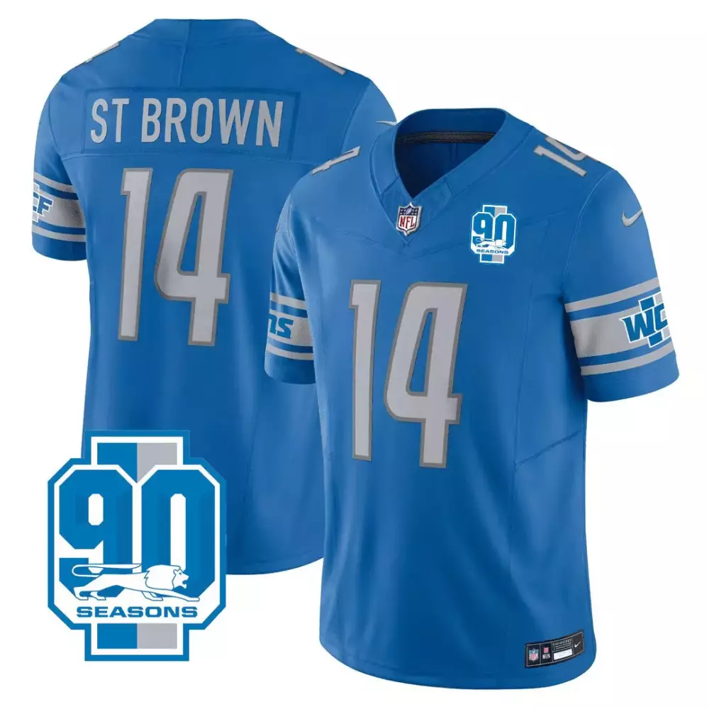 amon ra st brown 14 detroit lions blue all stitched jersey name patch 90th year men s style