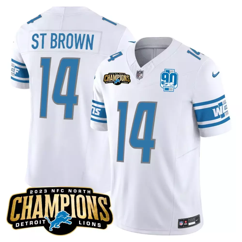 amon ra st brown 14 detroit lions blue all stitched jersey name patch 90th year men s style