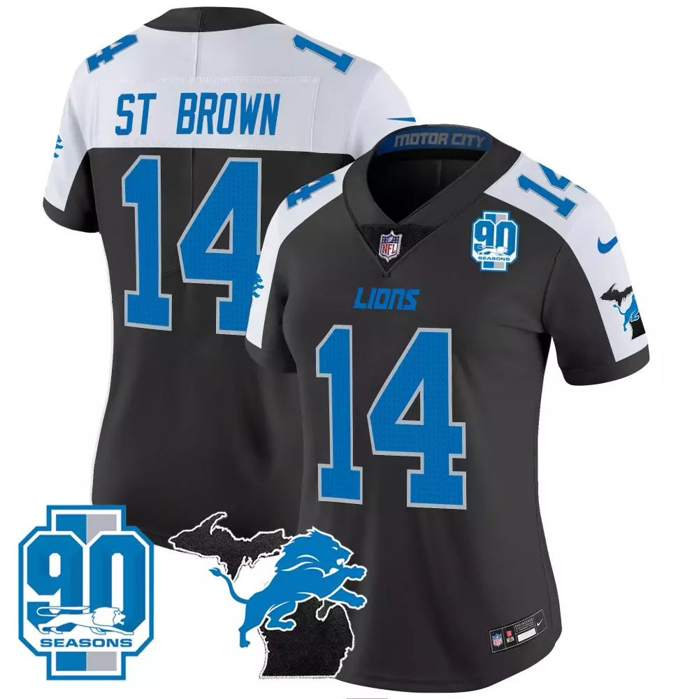 amon ra st brown 14 detroit lions blue all stitched jersey name patch 90th year men s style