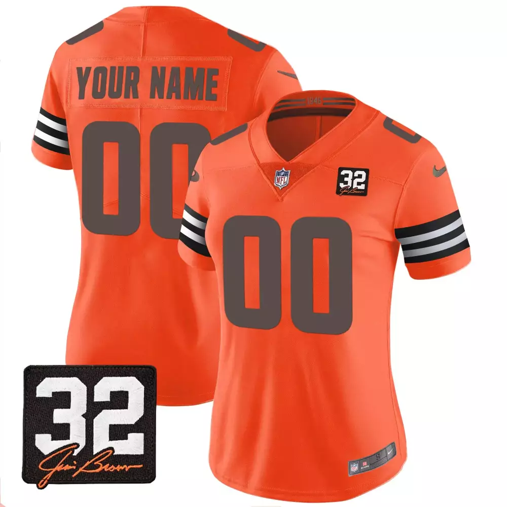 Jim Brown Cleveland Browns Women's Orange Custom Jersey | All Stitched 32 Name Patch 1946 | Fan Gear for Game Day | For Men, Women & Youth