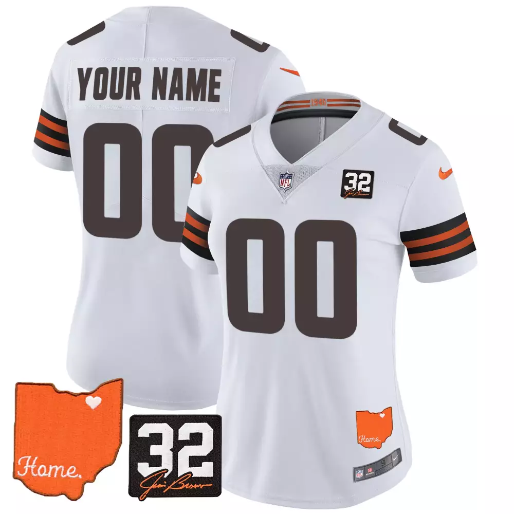 cleveland browns women s white stitched jersey custom name patch 2023 32 jim brown
