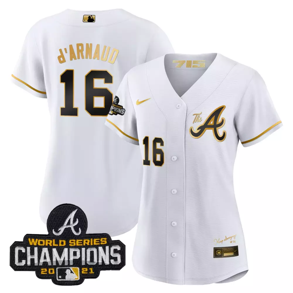 Travis d'Arnaud 16 Atlanta Braves Women's White Stitched Jersey | 2021 World Series Champions | For Women & Youth