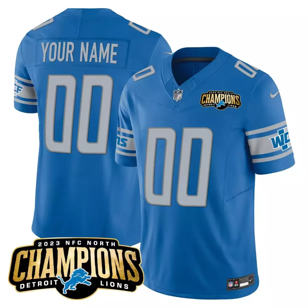 detroit lions 2023 nfc north champions custom jersey all stitched white name patch unisex style