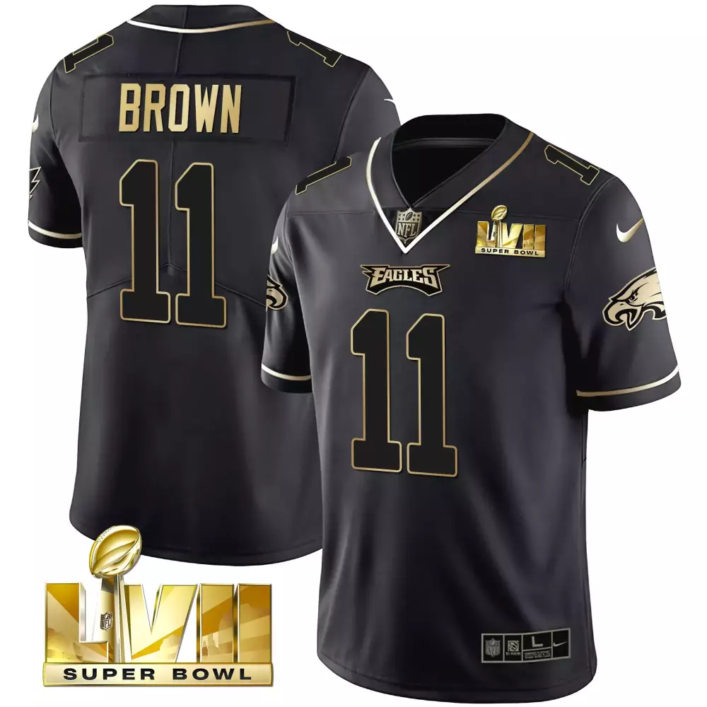 eagles black stitched jersey 2023 a j brown 11 men s super bowl name patch