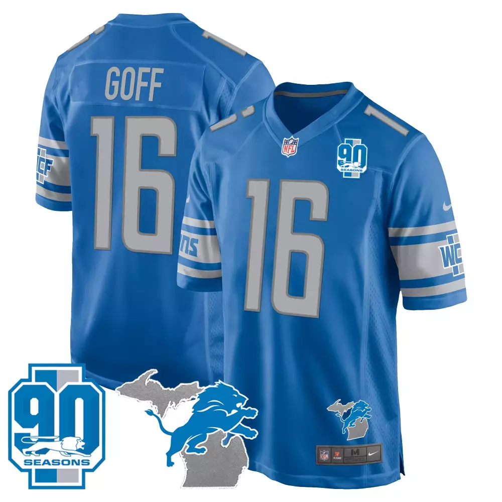 Goff 16 Detroit Lions Blue Stitched Jersey | 90th Year Name Patch | Limited Edition for Men, Women & Youth