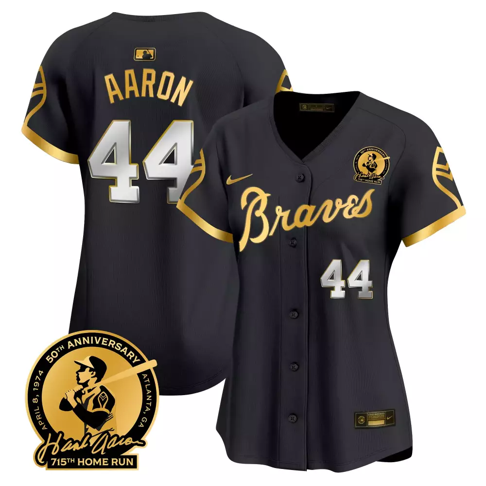 hank aaron 44 atlanta braves women s black stitched jersey 1974 50th anniversary name patch