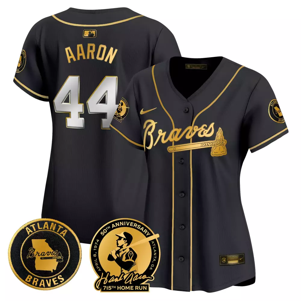 hank aaron 44 atlanta braves women s black stitched jersey 1974 50th anniversary name patch