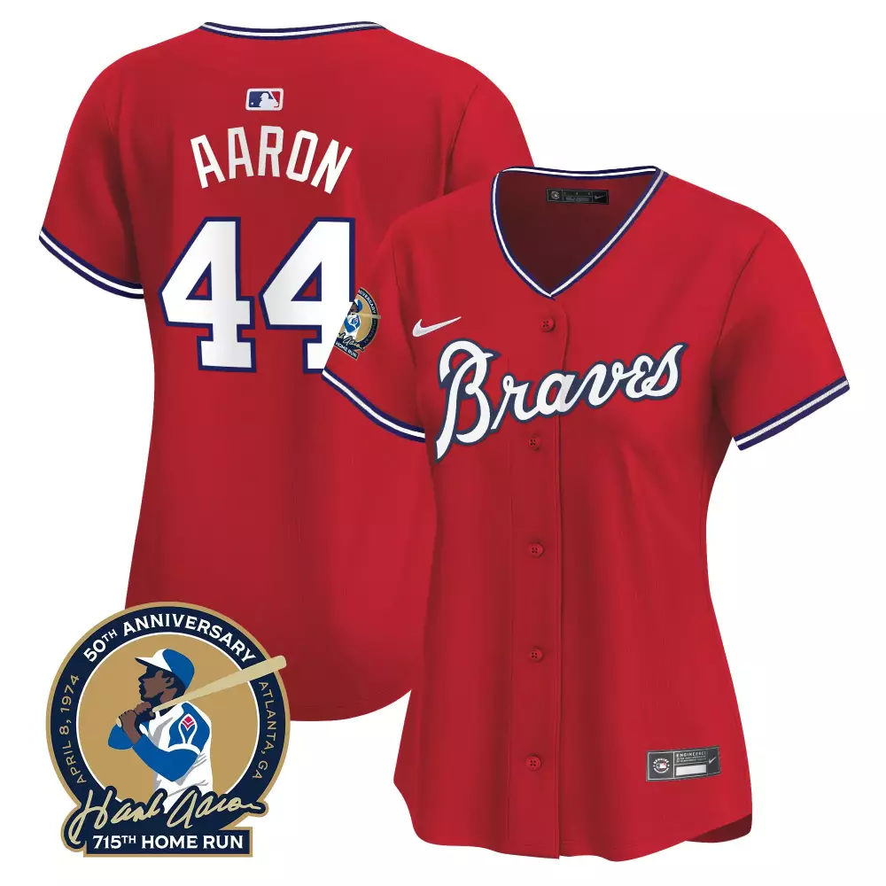 hank aaron 44 atlanta braves women s red all stitched jersey name patch 2024