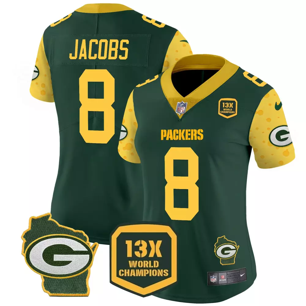 Jacobs 8 Green Bay Packers Women's Stitched Name Patch Jersey | 2023 Edition | Fan Gear for Women | For Women