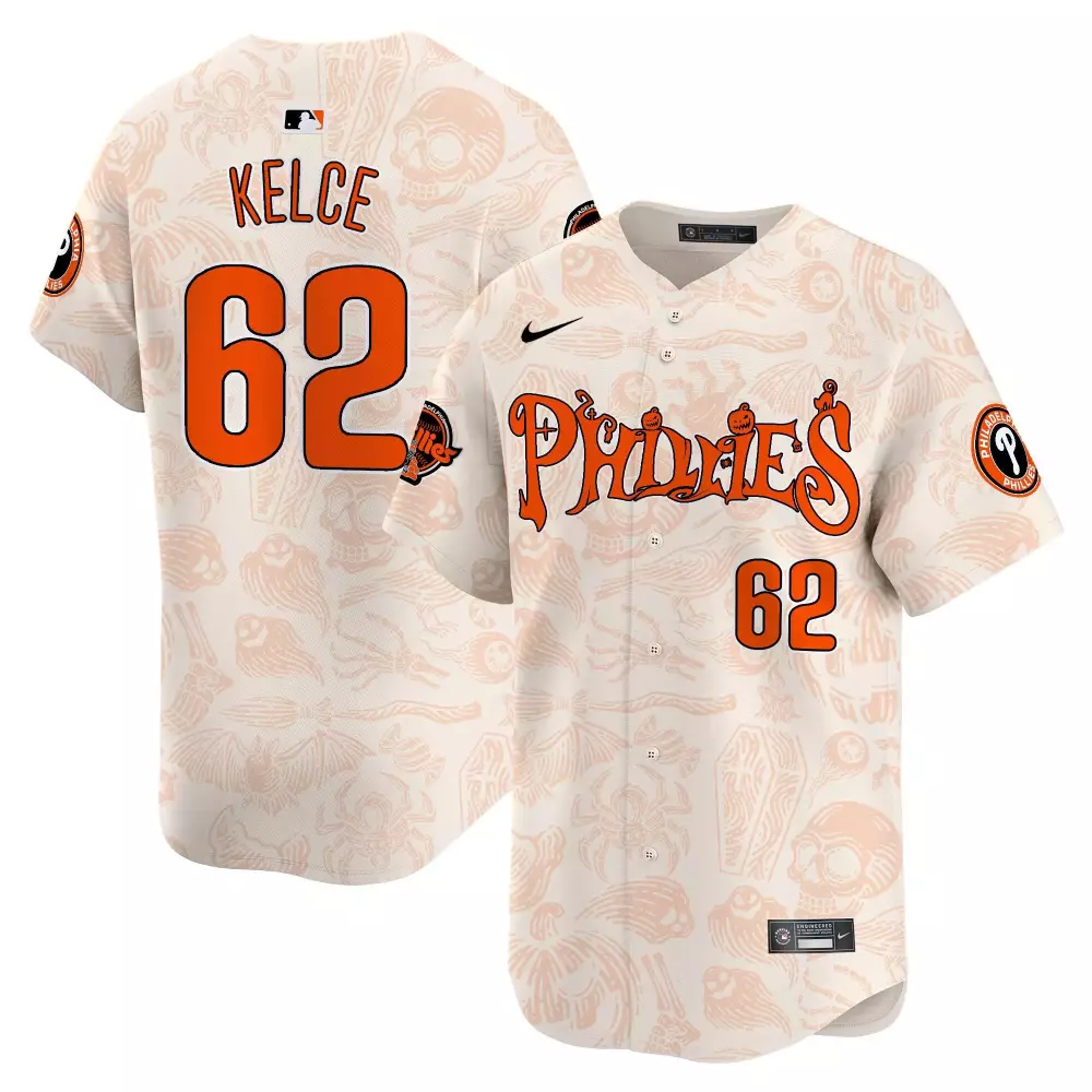 kelce 62 phillies halloween stitched jersey men s cream style 2023 name patch