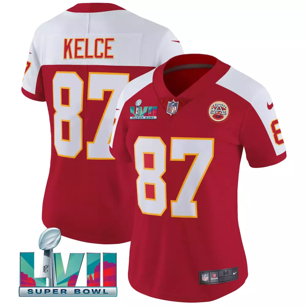 Kelce 87 Kansas City Chiefs Women's Red and White Stitched Jersey | Super Bowl LVIII Name Patch | Replica Fan Gear | For Men, Women & Youth