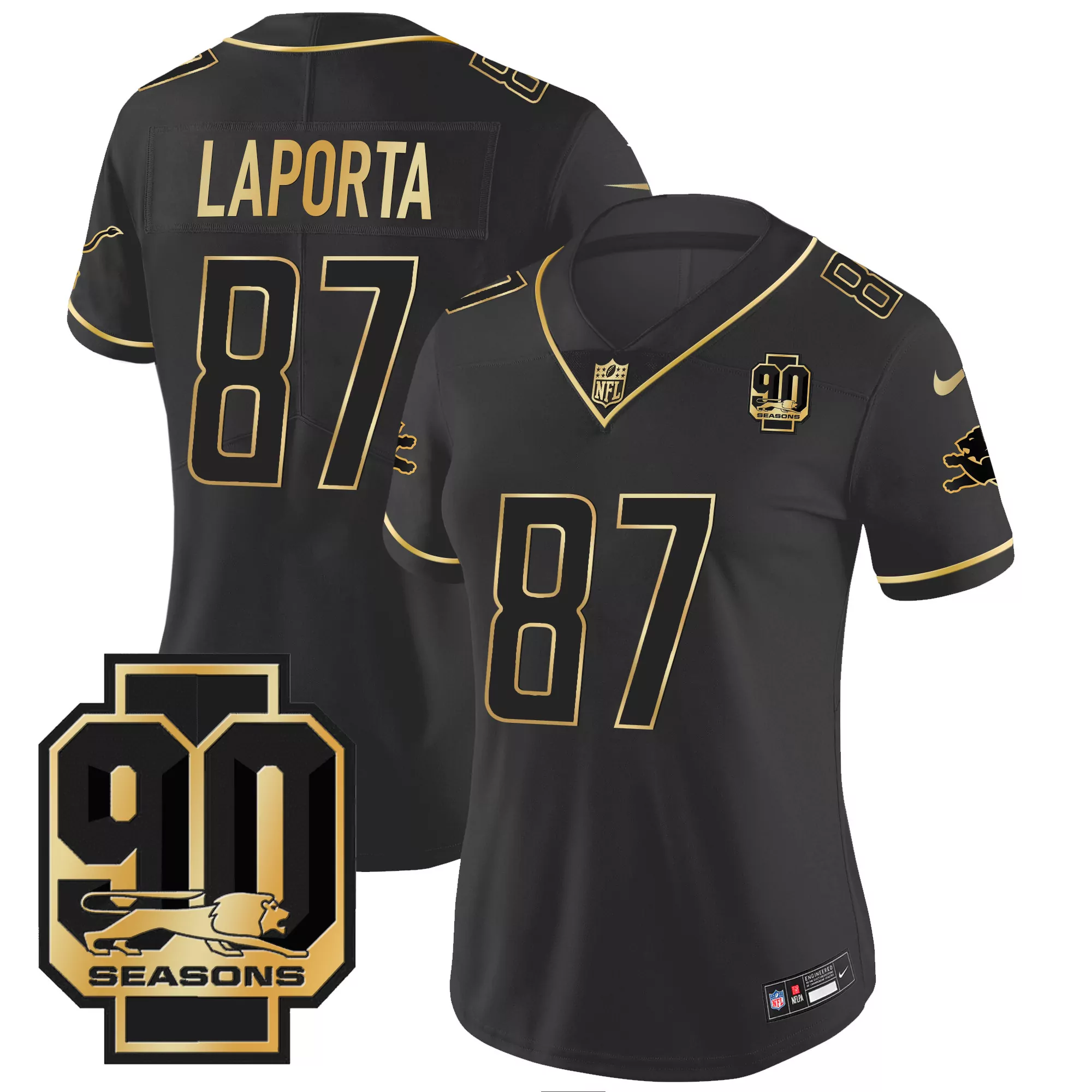 laporta 87 detroit lions black jersey all stitched name patch 90th year women s style