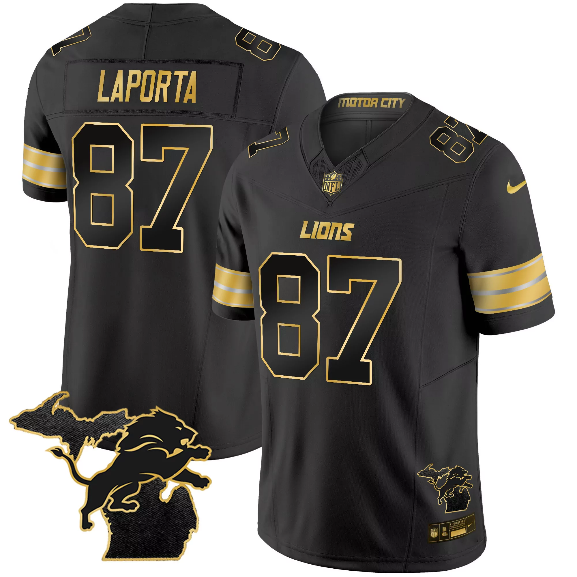 laporta 87 detroit lions black stitched jersey with name patch 2024 men s style