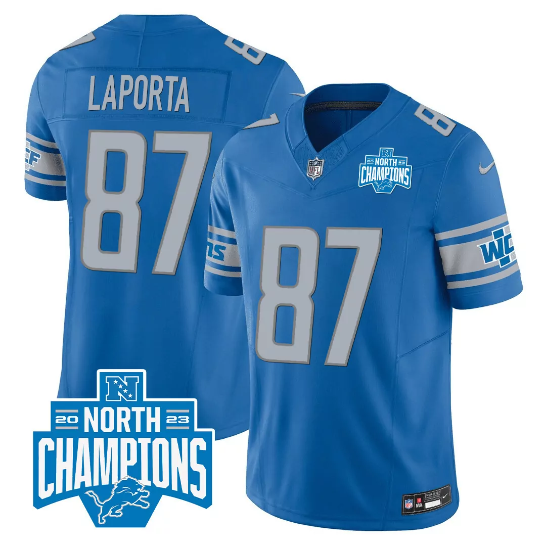 laporta 87 detroit lions blue jersey all stitched name patch 2023 north champions men s style