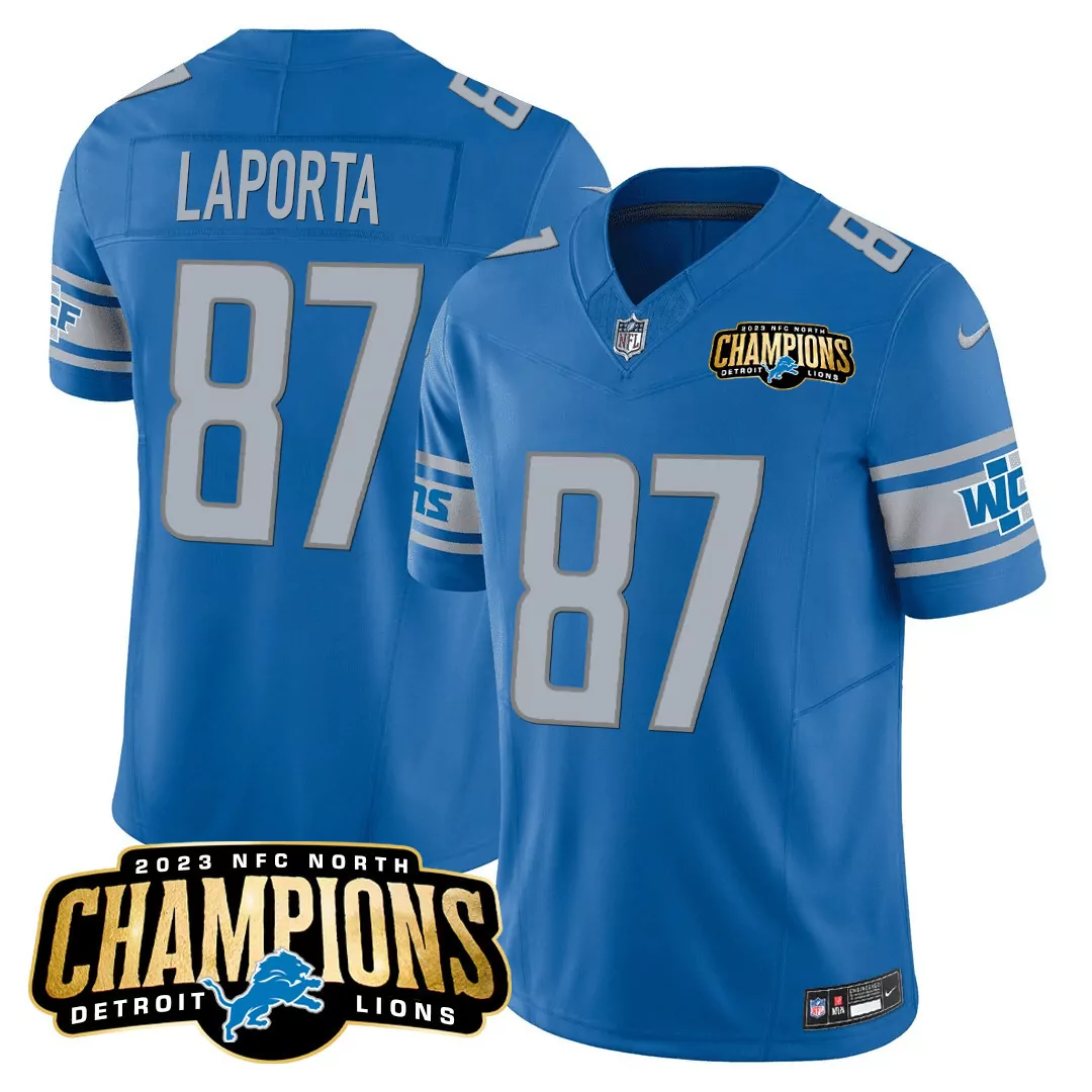 laporta 87 detroit lions blue stitched jersey with name patch 2023 nfc north champions men s style
