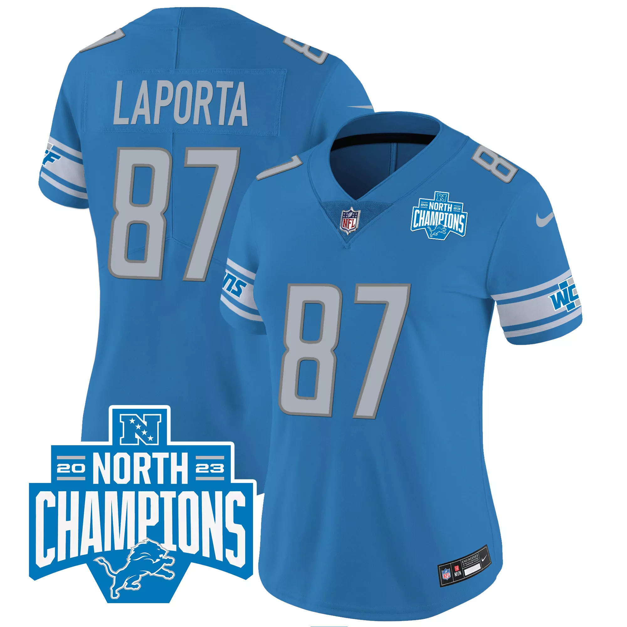 laporta 87 detroit lions women s blue 2023 nfc north champions patch stitched jersey
