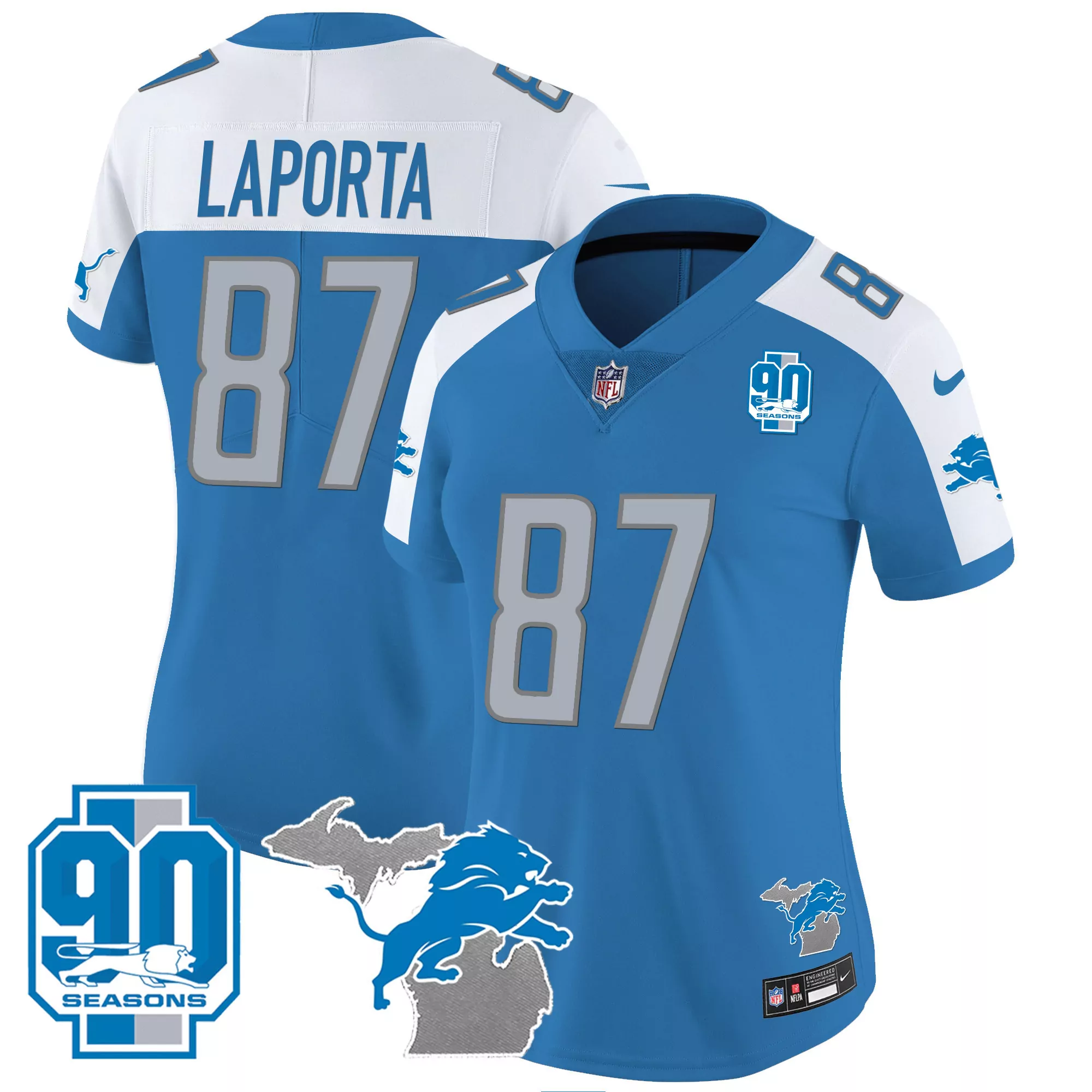 laporta 87 detroit lions women s blue all stitched jersey with name patch 90th year