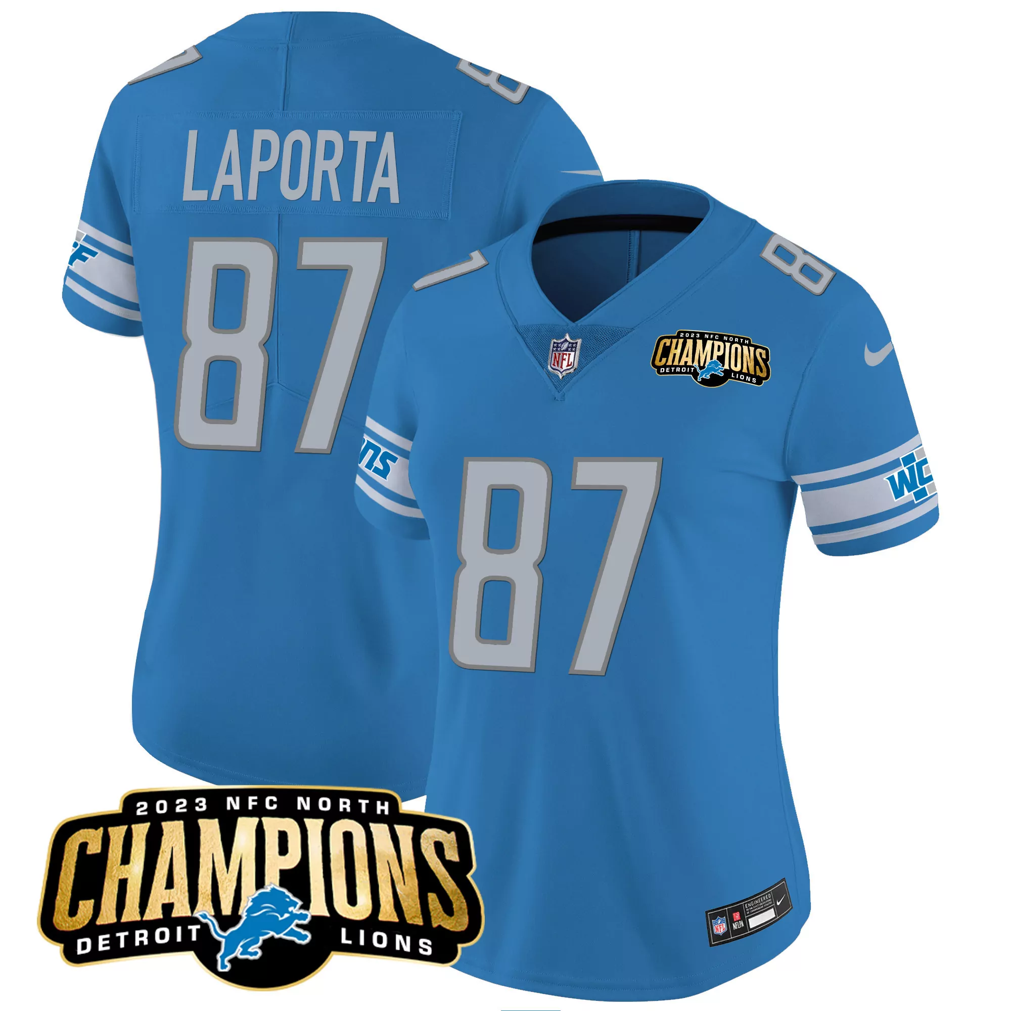 laporta 87 detroit lions women s blue stitched jersey with champions patch 2023