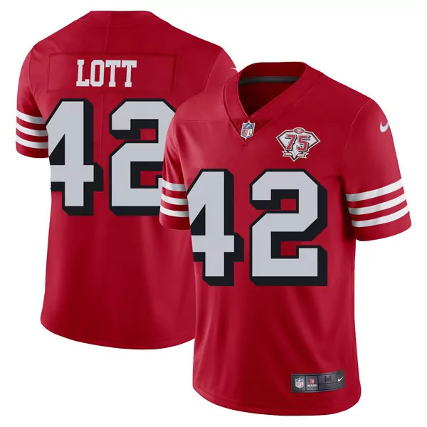 Lott 42 San Francisco 49ers Men's Scarlet Stitched Jersey | 75th Anniversary Name Patch | Limited Edition Fan Gear | For Men, Women & Youth