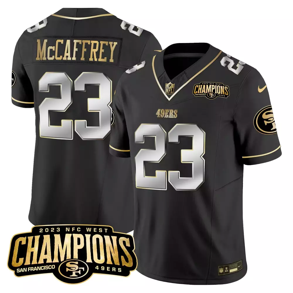 McCaffrey 23 San Francisco 49ers 2023 Black Stitched Jersey | Champions Name Patch | Fan Gear for Men, Women & Youth