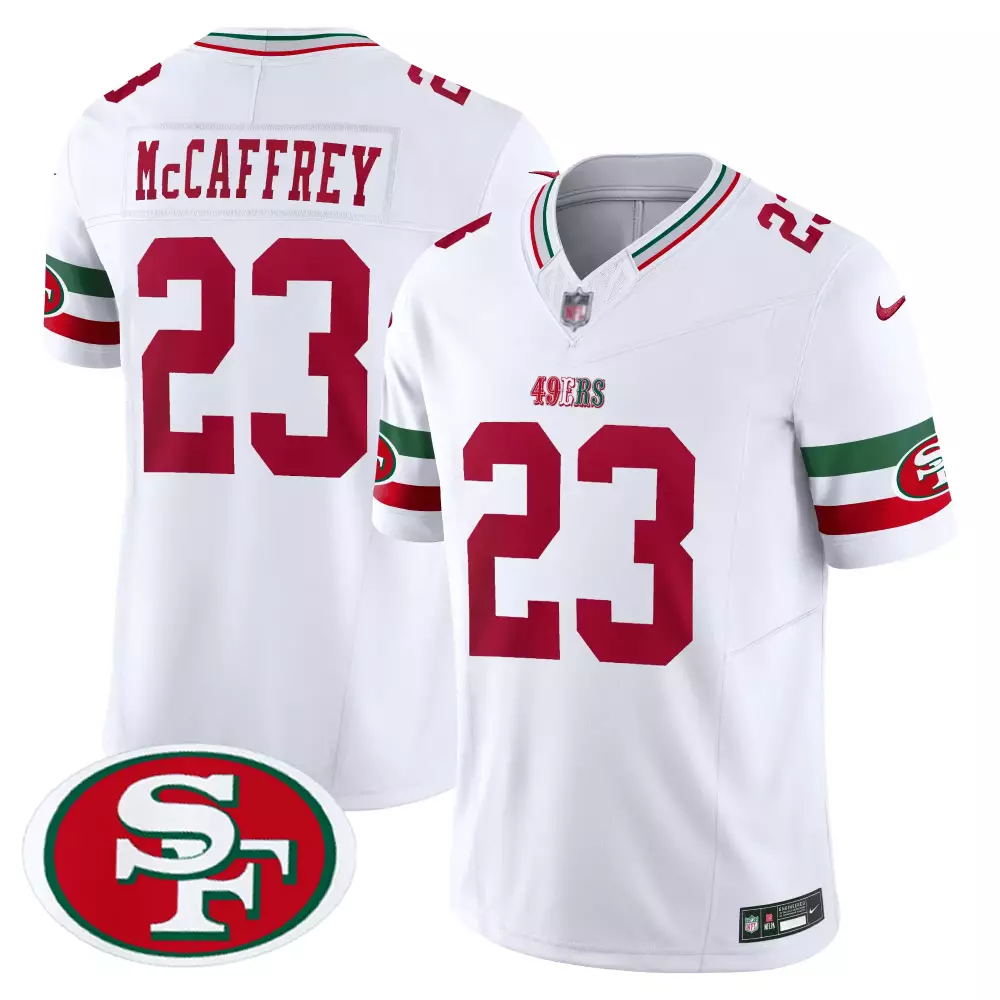 McCaffrey 23 San Francisco 49ers White Stitched Jersey | 2023 Style Name Patch | For Men, Women & Youth
