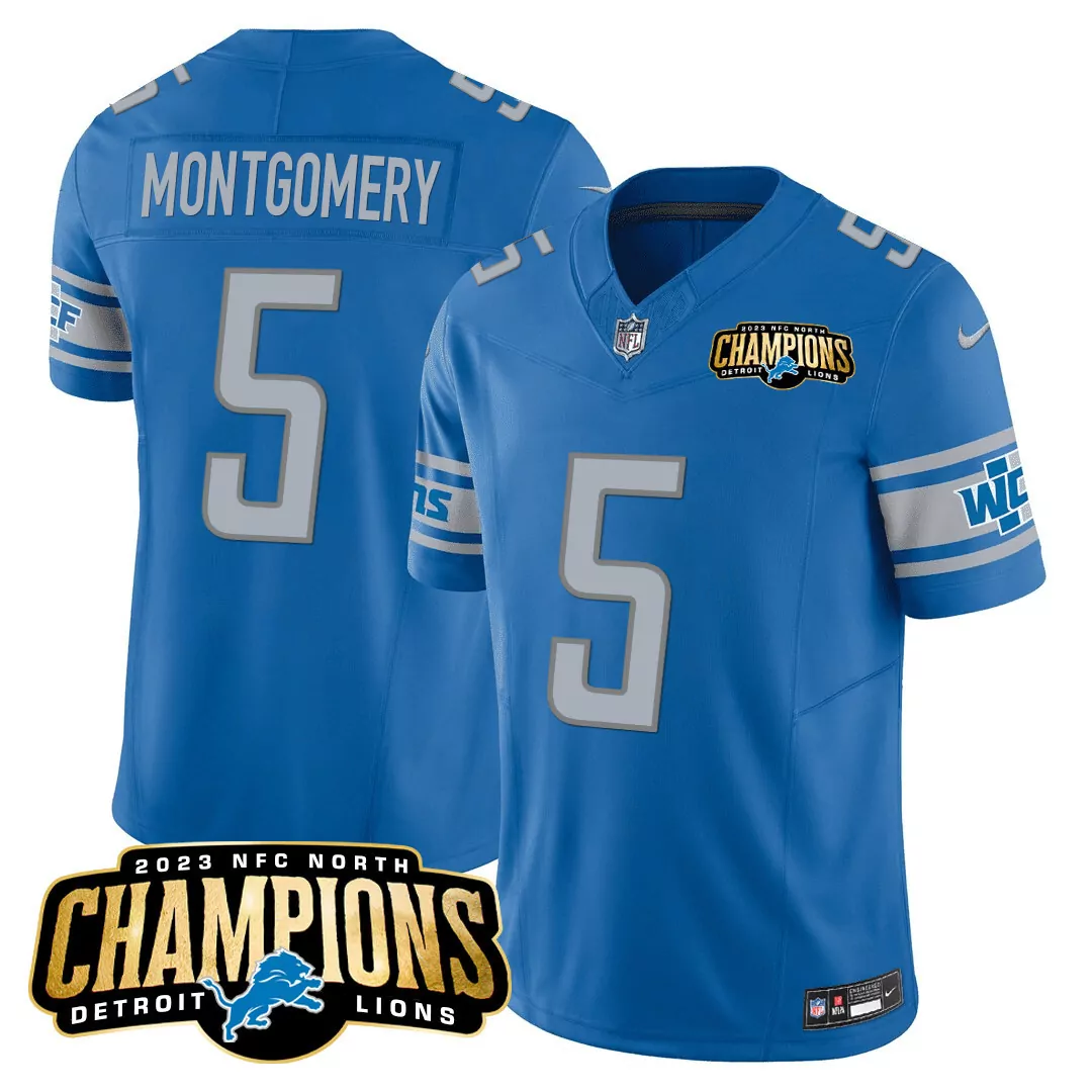 montgomery 5 detroit lions 2023 nfc north champions patch vapor jersey all stitched male blue