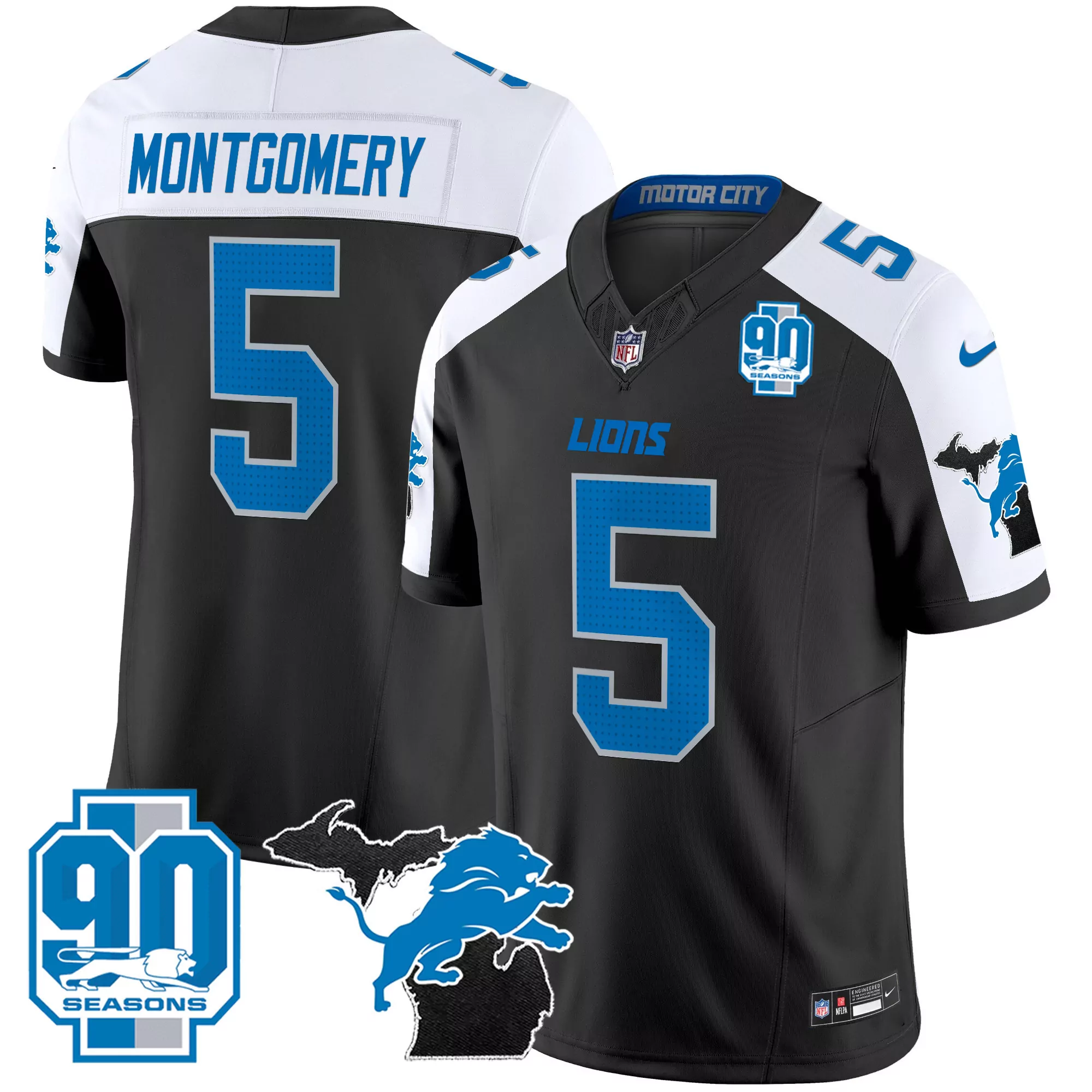 montgomery 5 detroit lions black all stitched jersey name patch 90th year men s style