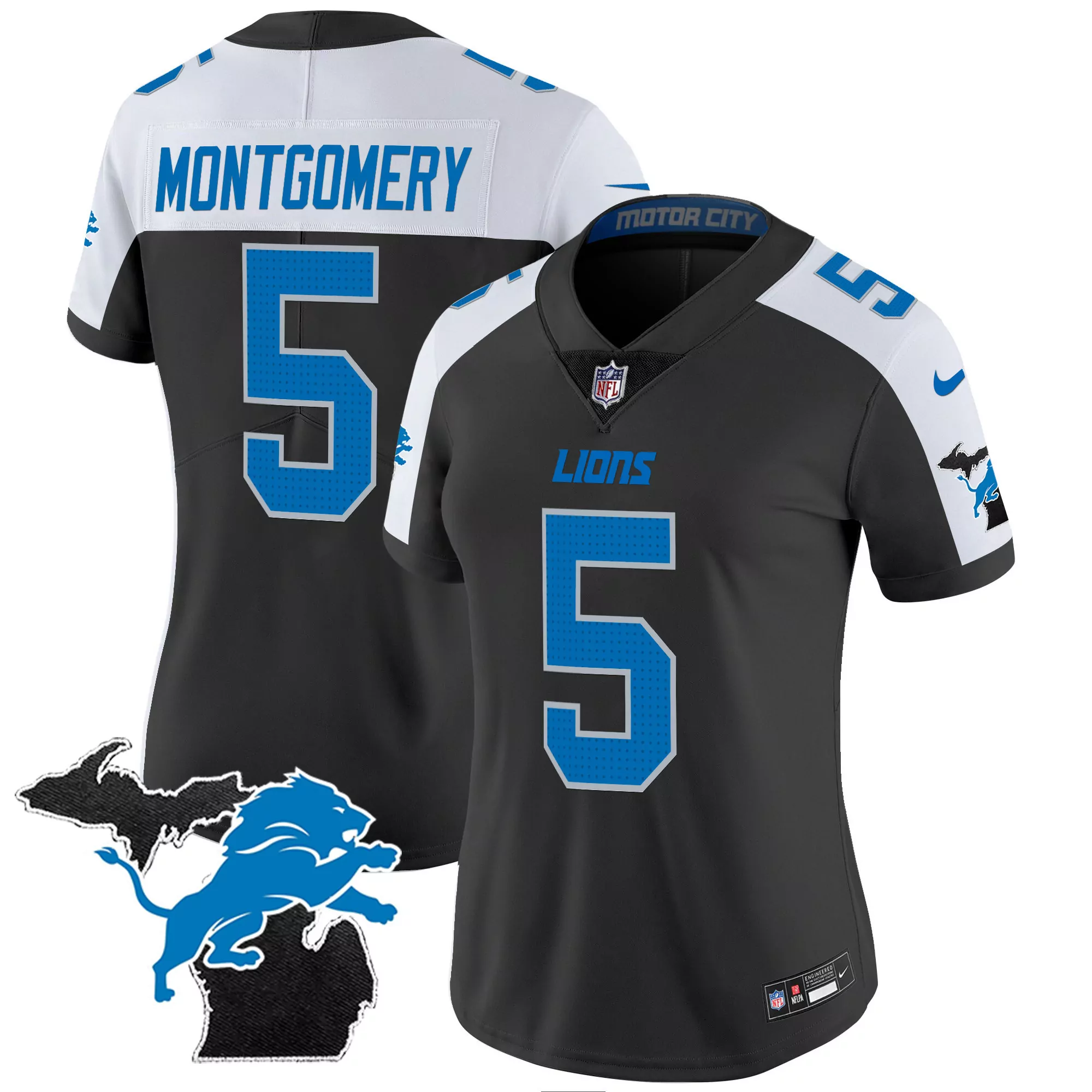 montgomery 5 detroit lions women s black stitched jersey with name patch 2024