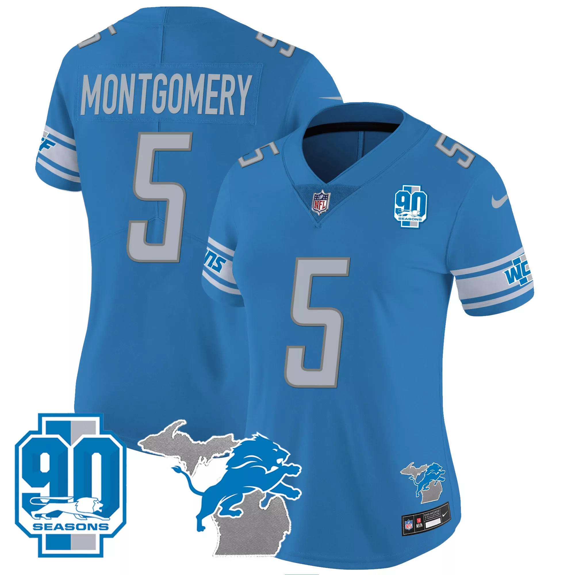 montgomery 5 detroit lions women s blue all stitched jersey name patch 90th year 1
