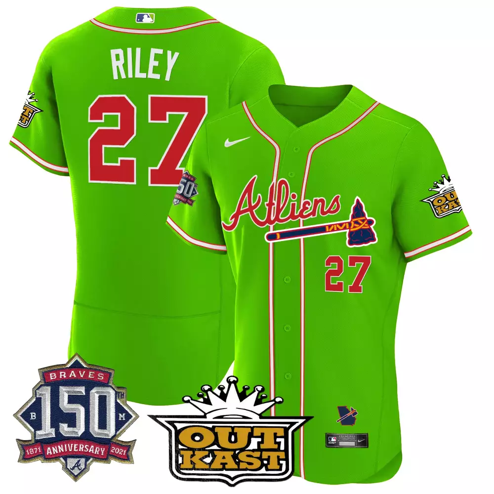 Riley 27 Atlanta Braves Green Outkast Jersey | 2023 150th Anniversary Patch All Stitched Men's Style | Fan Gear for All | For Men, Women & Youth