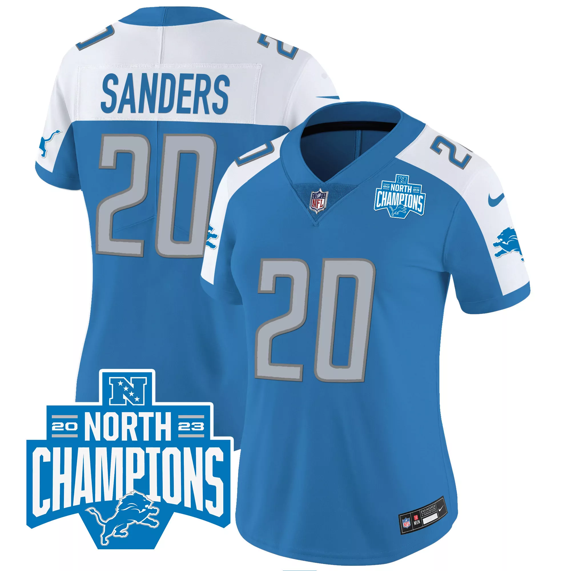 sanders 20 detroit lions 2023 nfc north champions women s stitched blue jersey name patch