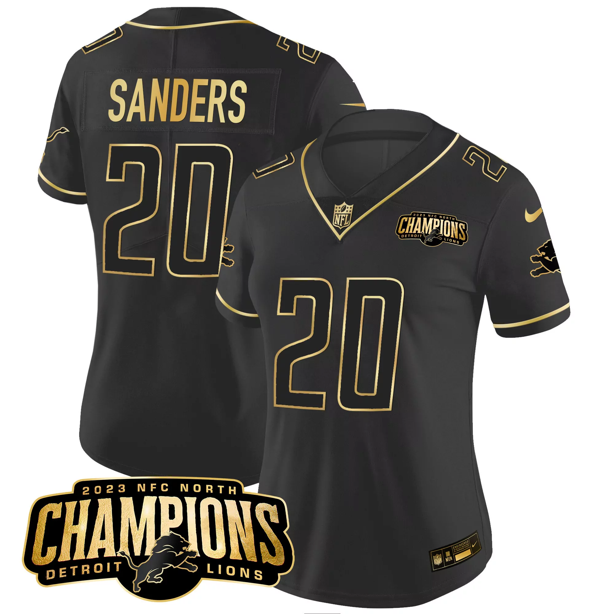sanders 20 detroit lions women s black 2023 nfc north champions name patch all stitched jersey