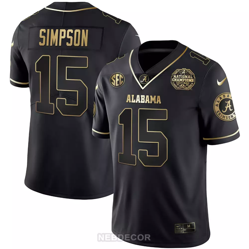 Simpson 15 Alabama Crimson Tide 2023 Black Stitched Jersey | National Champions Patch | Limited Edition Fan Gear | For Men, Women & Youth