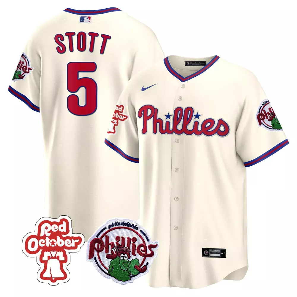 Stott 5 Philadelphia Phillies Cream Stitched Jersey | Name Patch Red October 2023 | Limited Edition Fan Gear | For Men, Women & Youth