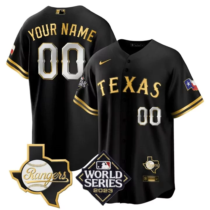 Texas Rangers Black Men's 2023 World Series Flex Base Gold Trim Jersey | All Stitched | Fan Gear for Men & Youth