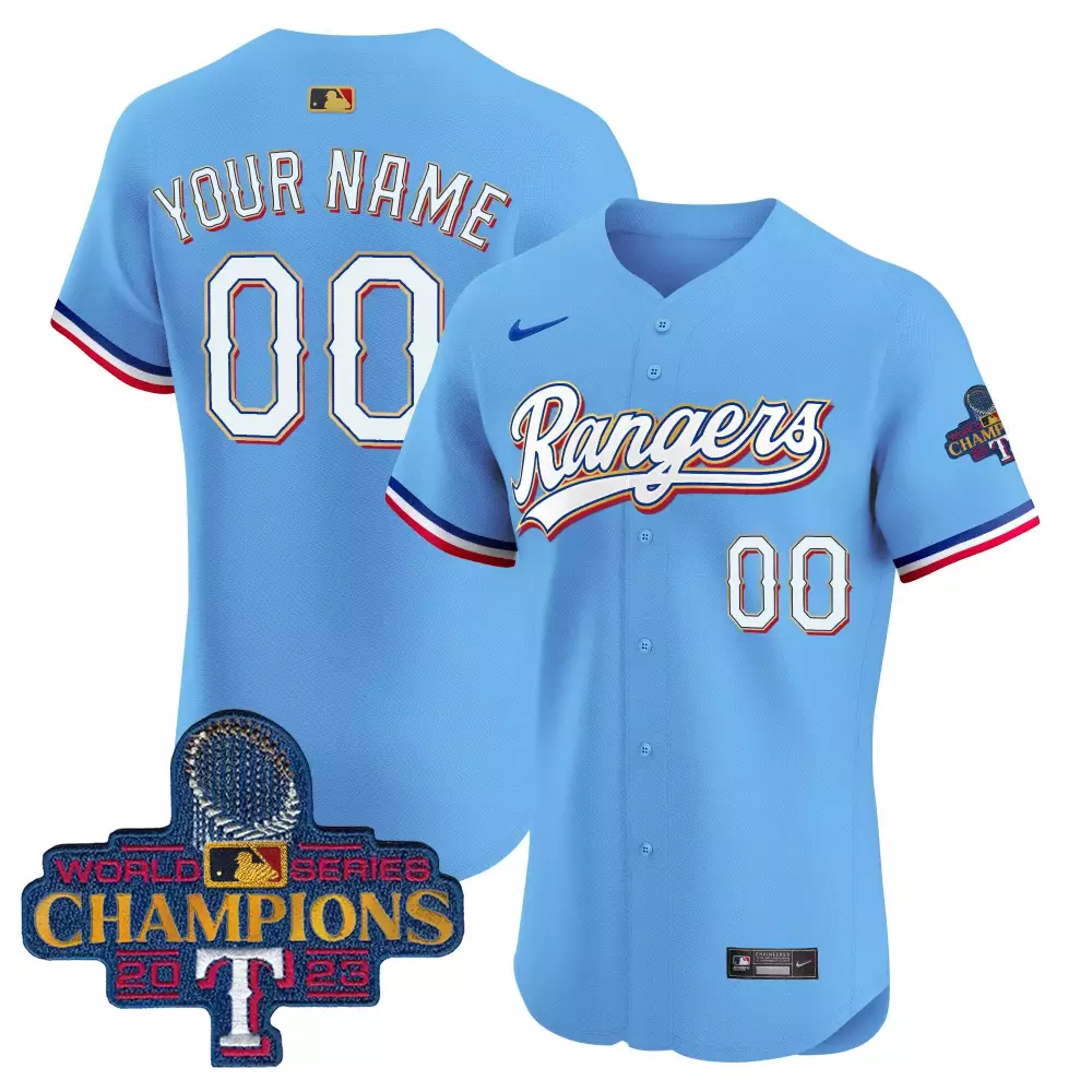 Texas Rangers Custom Name 2023 World Series Champions Light Blue All Stitched Jersey | Unisex Style Fan Gear for Men, Women & Youth