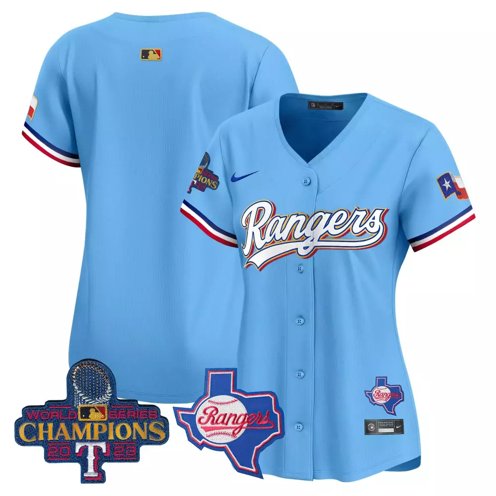 Texas Rangers Women's Light Blue 2023 World Series Champions Stitched Jersey with Name Patch | Celebrate in Style | For Men, Women & Youth